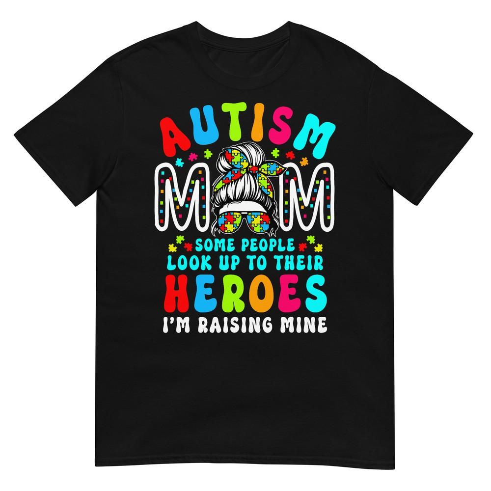 Autism Mom Raising Hero Groovy Messy Bun Autism Awareness T-Shirt L
