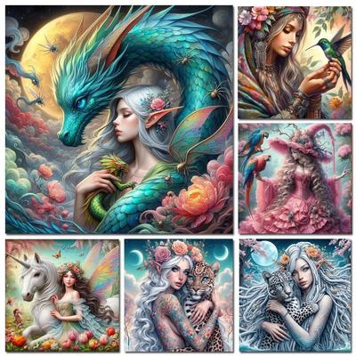 Nuovo 2024 Pittura Diamante Elfo Fantasy Donna Ricamo Full Diamond Animale Drago Leopardo Uccello Kit Punto Croce Decorazione Casa