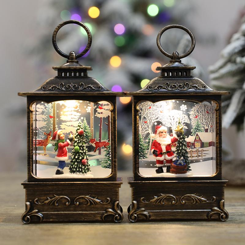 Christmas Gift Square Flat Lantern with Santa Claus and Tree Decoration
