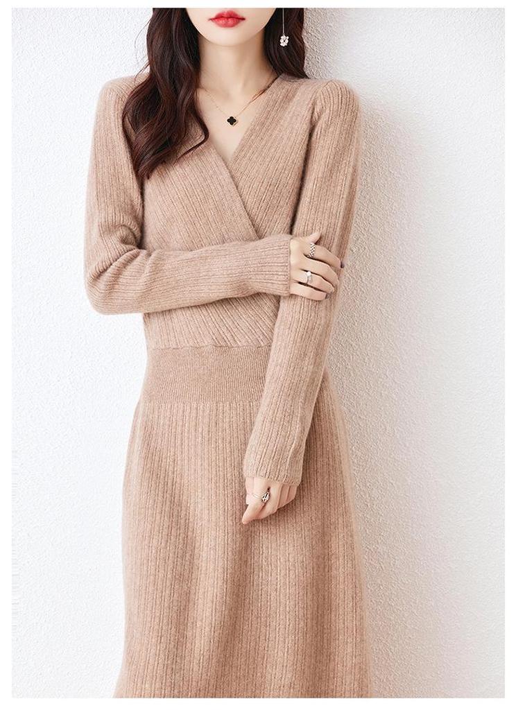 Women's 100% Pure Wool Mid-Length V-Neck Sweater Dress - Long Sleeve, Below Knee, Autumn/Winter Style