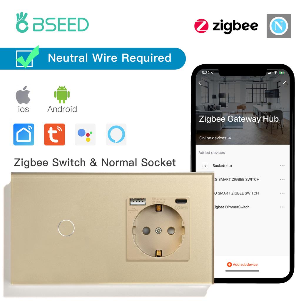 BSEED Zigbee 1Gang Light Switches 1/2/3Way Tuya Smart Life App Control Plus EU Socket USB Type-c Power Outlets Glass Panels