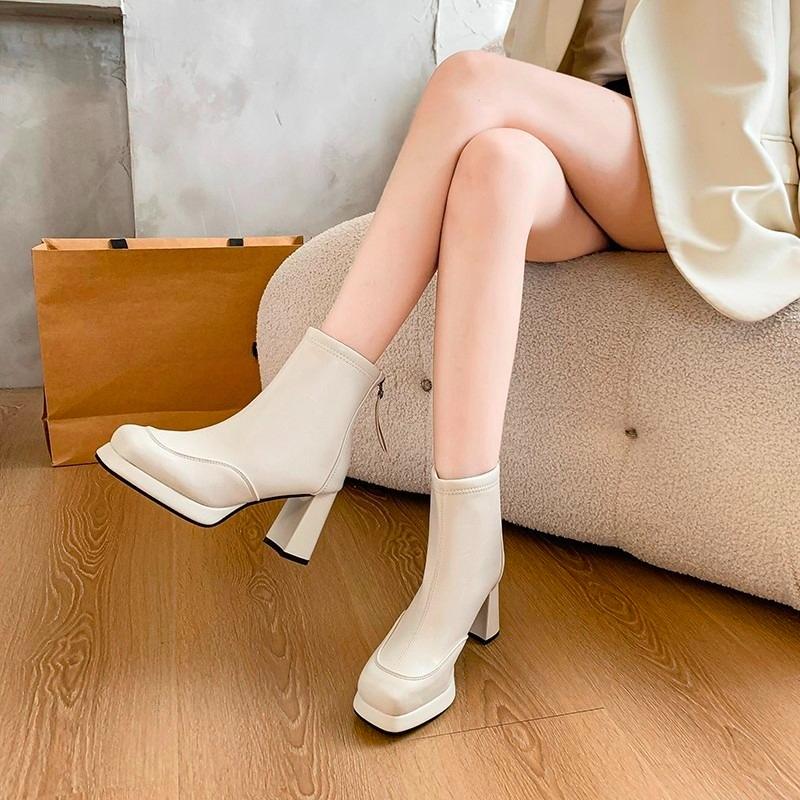 

Хлопковая подкладка Каблуки Осень Новые Круглый носок Комбинированные Задняя молния Платформа Нескользящие Ботильоны 35