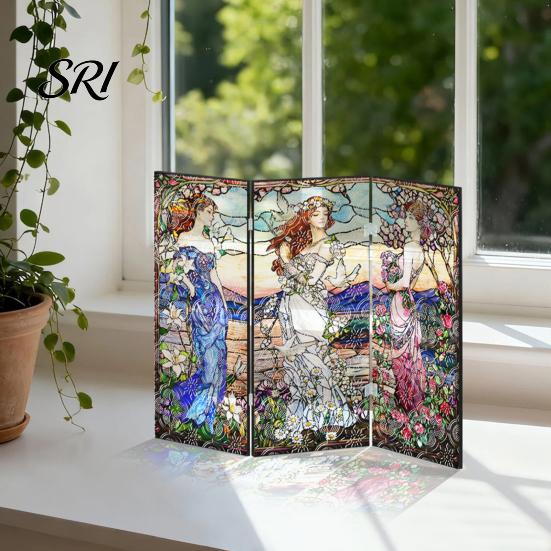 Colorful Folding Screen Mini Decorative Stained Glass Effect 3 Panel Divider Acrylic Desktop Office Desk Decoration Ornament for Home Living