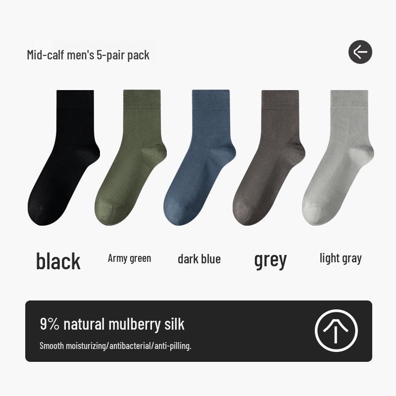 Men's High-End Antibacterial Silk Socks - Four Seasons Style, Black, Knee-High, Mid-Calf, Odor-Resistant for Business and Autumn Wear