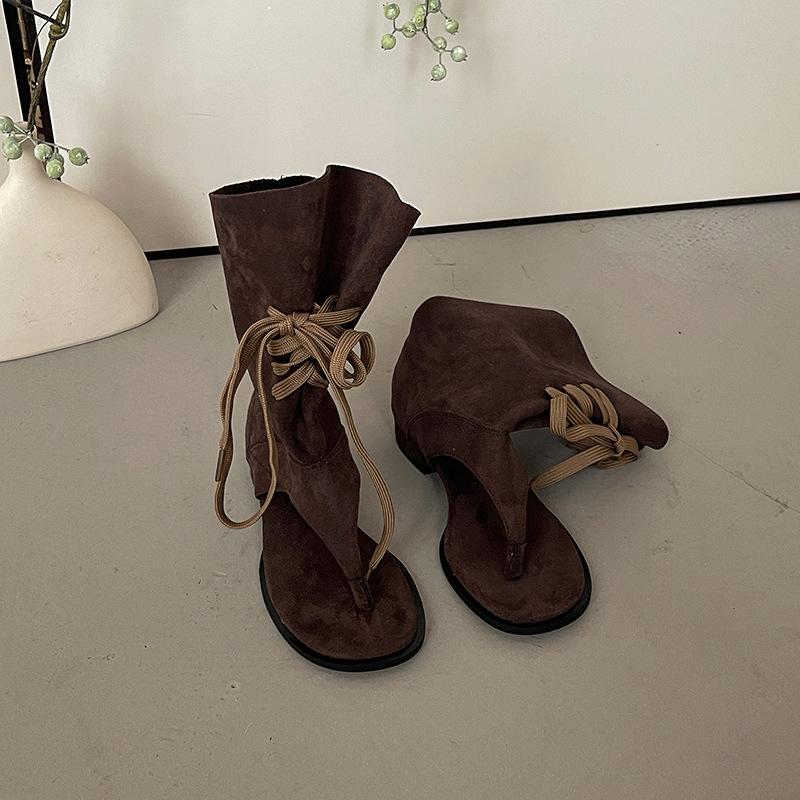 Versatile Niche Design Sense French Fashion Toe Cool Boots Women's 2025 Summer New Lace-up Thick Heel Thin Sandals