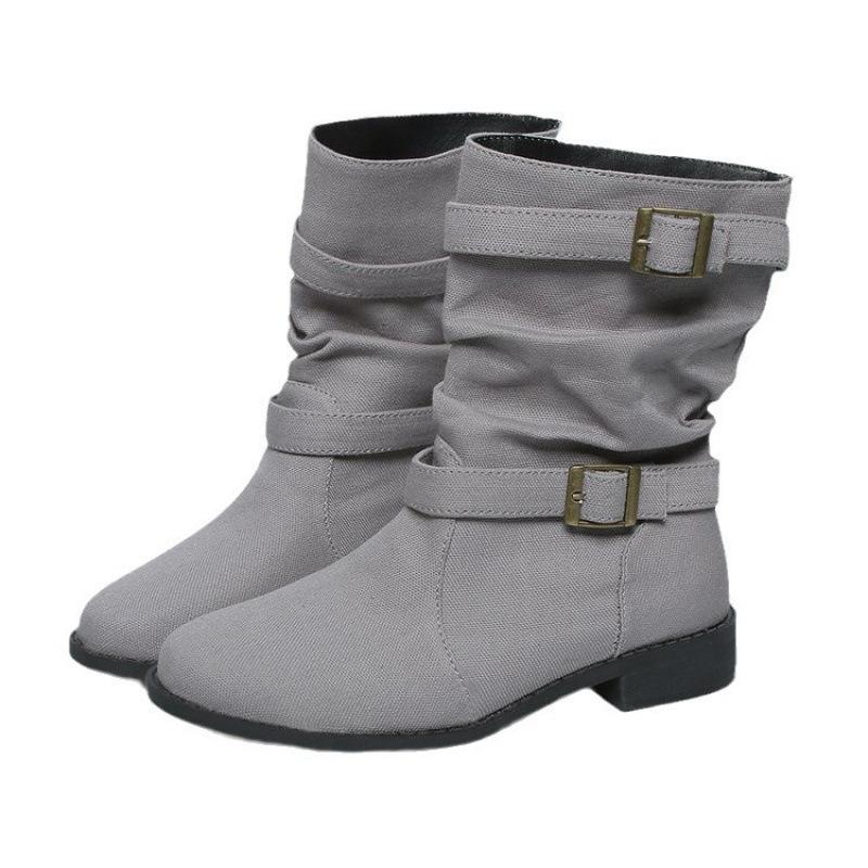 Large Size Buckle Belt Denim Buckle Belt Fashion Boots Autumn and Winter New Square Heel Round Head Going Out Boots