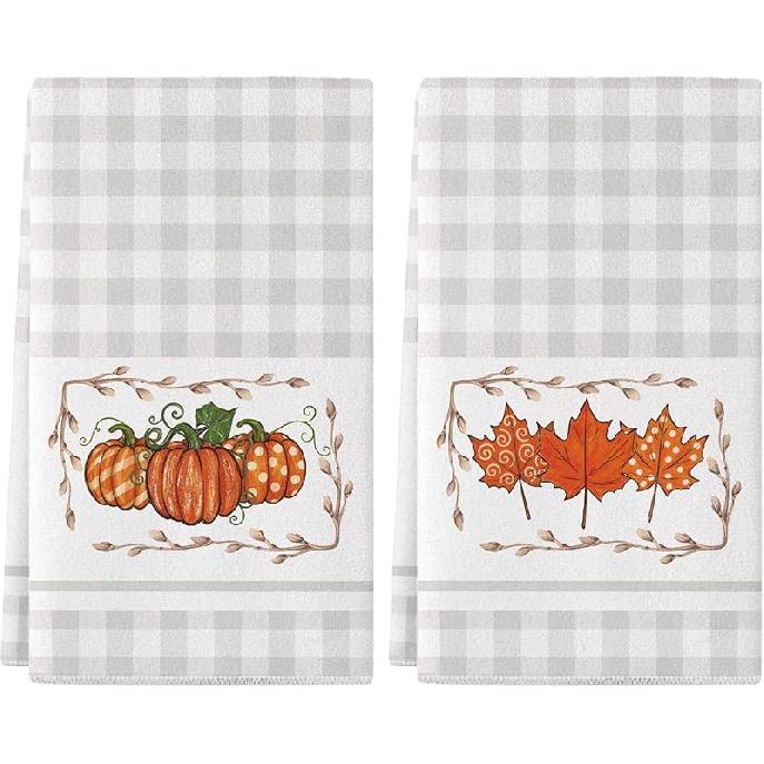Siilues Fall Kitchen Towels 18x26 Inch Set of 2, Leaves Pumpkin Hand Towels Fall Decorations for Home Seasonal Autumn Thanksgiving Home Kitchen Decor