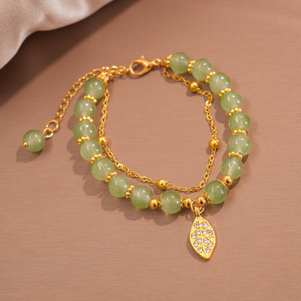 Chinese Style Green Jade Bracelet For Women Exquisite Gold Color Leaves Wrist Strap Bangle Double Chain Bracelet Girls Gifts