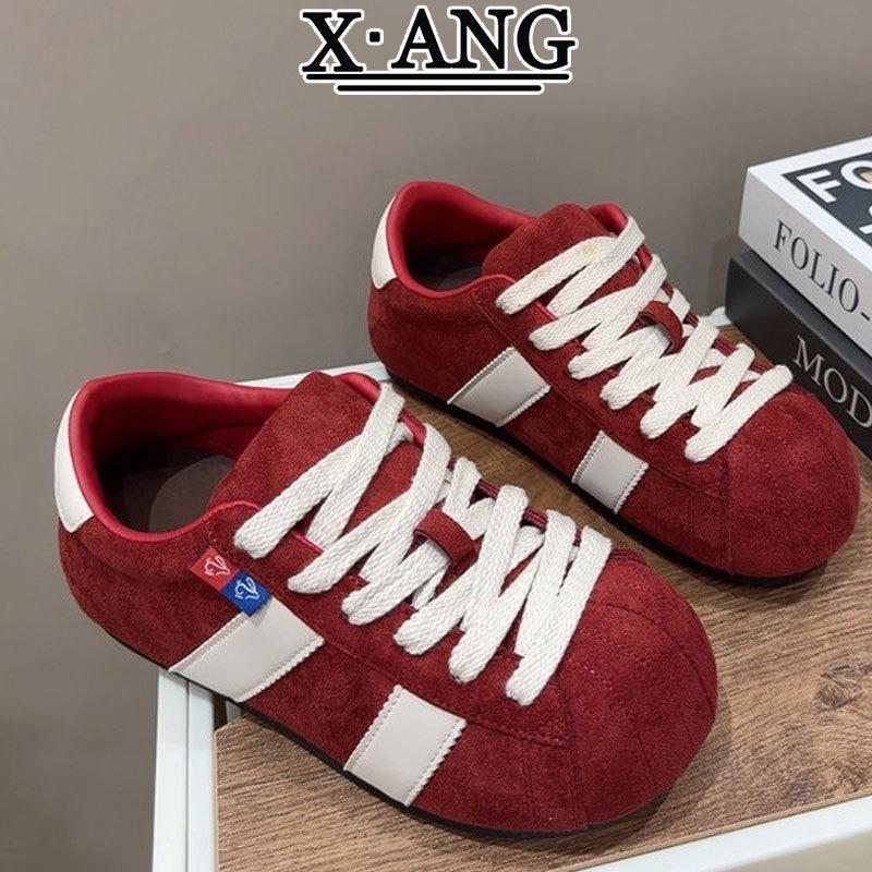 Cowhide Red Women's Autumn New Big Head Bread Shoes Ugly Cute Puff Shoes Casual Board Shoes