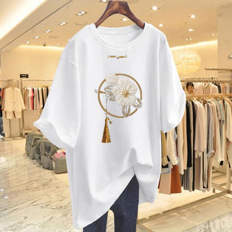 New Chinese Style Pure Cotton Medium and Long Short-sleeved T-shirt Women's Summer New Product Butt-covering and Thin Large-size T-shirt Top