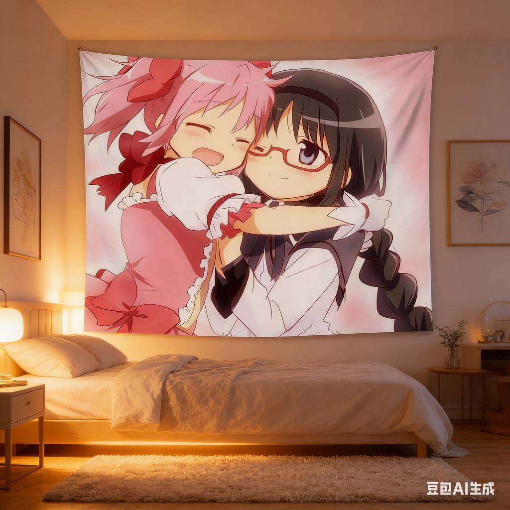 Anime Girl Hug Tapestry Pink Black Hair Character Embrace Print Polyester Wall Hanging Kawaii Otaku Decor for Bedroom Livi