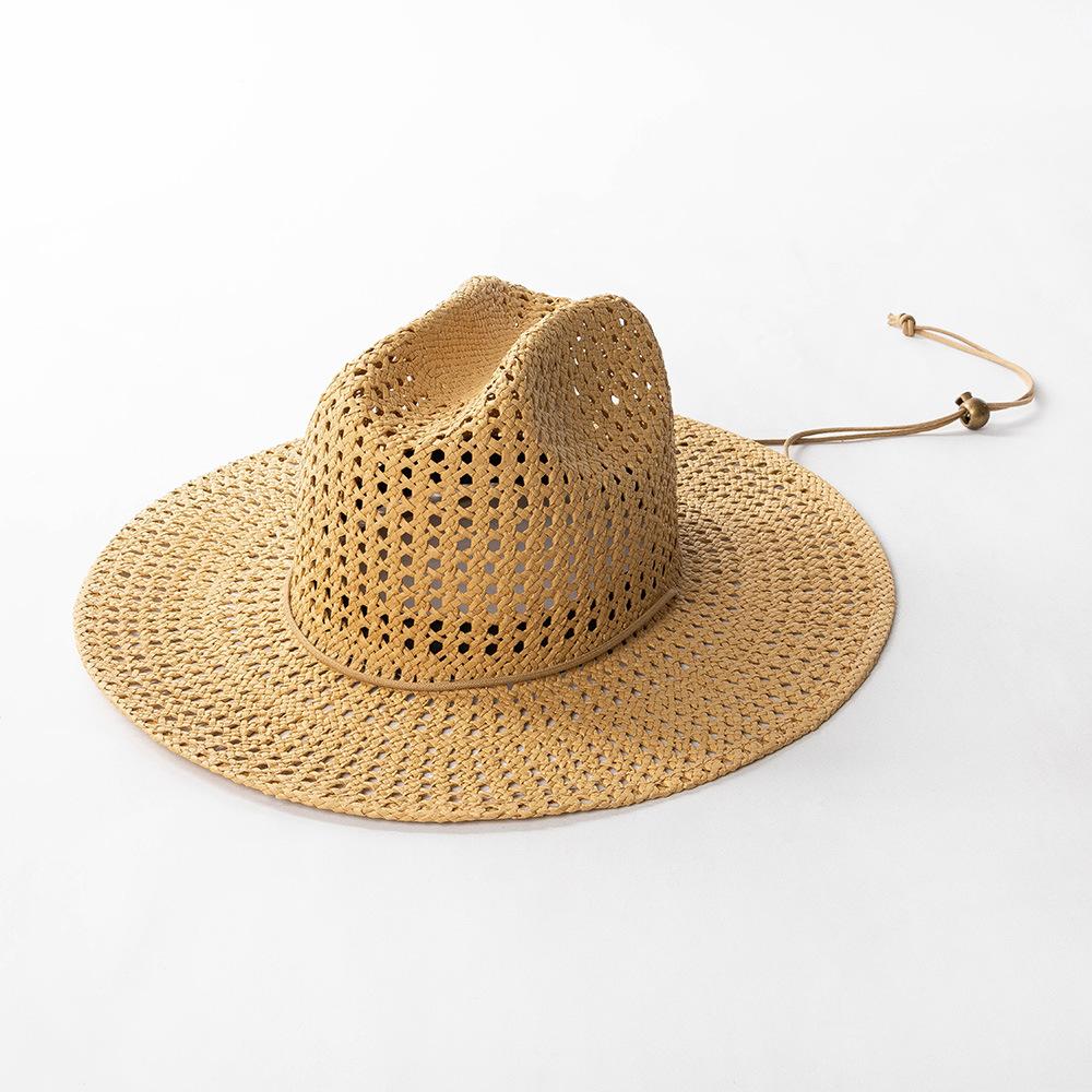 

Summer New Fashionable Hand Woven Hollow Paper Grass Sun Hat with Large Eaves Windproof Rope Grass Hat Outdoor Beach Cowboy Hat M 56-58cm верблюд