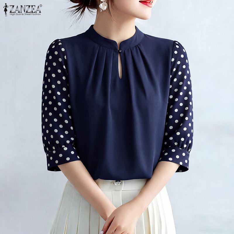 ZANZEA Women Casual Polka Dot Print Splice 3/4 Sleeve Loose Crew Neck Blouse