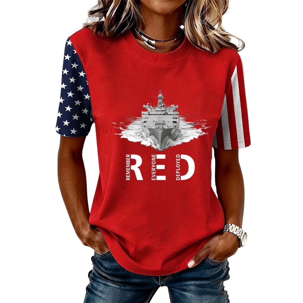 Women Casual Short Sleeve T Shirt Crew Neck Letter Print Top Stars and Stripes Sleeve Design Comfortable Fit