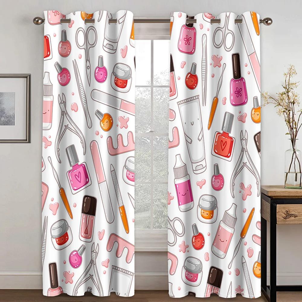 2pcs Curtains For Beauty Salons Simple Red Lips Makeup Brush Grommet Top Fabric Curtains Decor For Living Room Office Home Deco