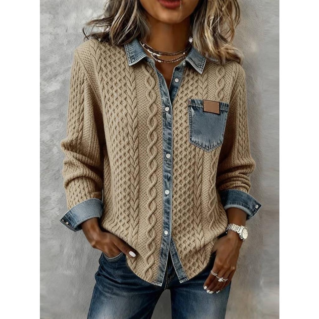 New European and American Style Women's Knitted Spliced Denim Shirt, Casual Versatile Long Sleeve Cardigan Coat for Fall and Winter