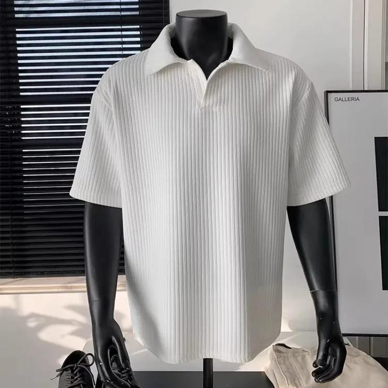 Men's Summer Black Ribbed Knit Johnny Collar Short Sleeve Polo Shirt