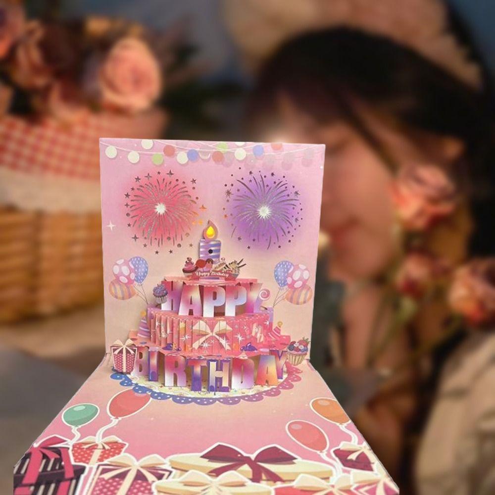 Musical and Light 3D Popup Greeting Card Blowable Led Candle Birthday Cake Postcards Father