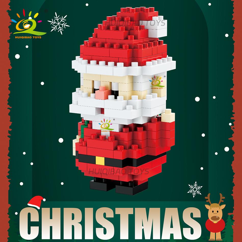 HUIQIBAO Mini Christmas Tree Santa Claus Children Train Model Micro Bricks Building Block Snowman Elk Bricks Toys New Year Gift