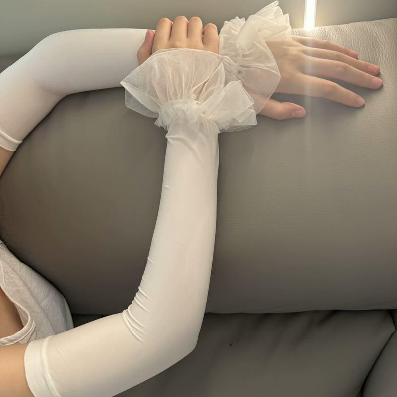 Elegant Women Ruffle Solid Color Long Flare Sleeves Arm Cover Outdoor Sun Protection Driving Elastic Fingerless Gloves