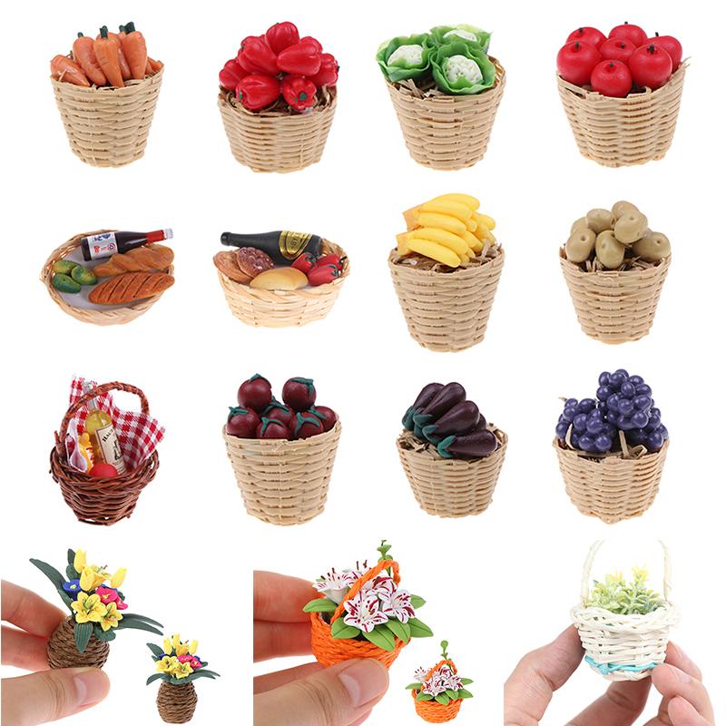 1:12 Mini Simulation Artificial Fruits Vegetables Doll House Furniture Decor Bamboo Basket Miniature Accessory For Children Kids