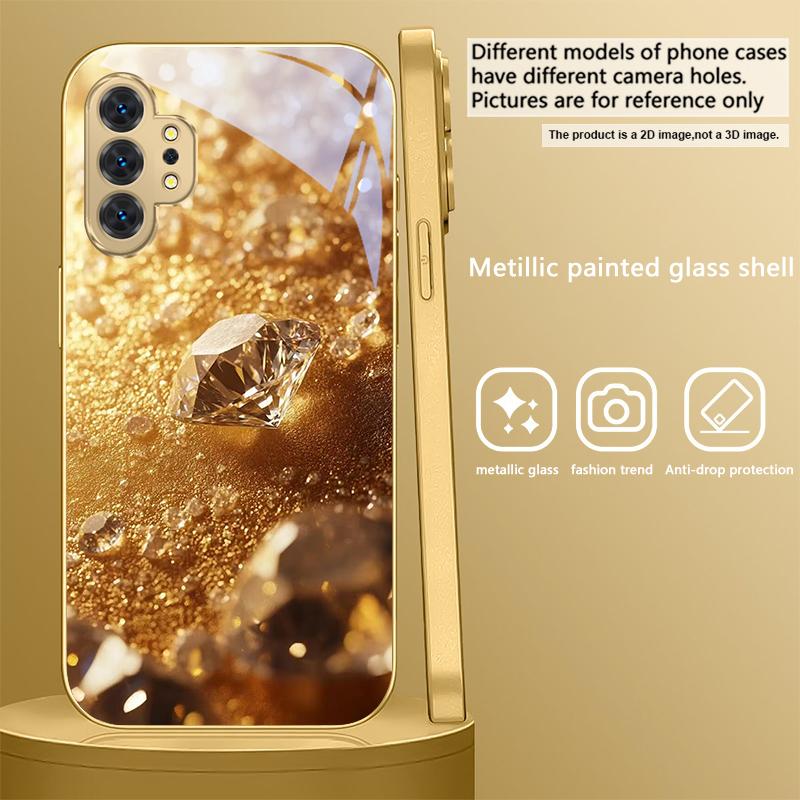 Brilliant Gold Diamonds For Samsung A 01 52S A04 A05S A10 A12 A13 22 23 24 36 42 M02 Note 10 20Ultra 8 9 Golden Glass Phone Case