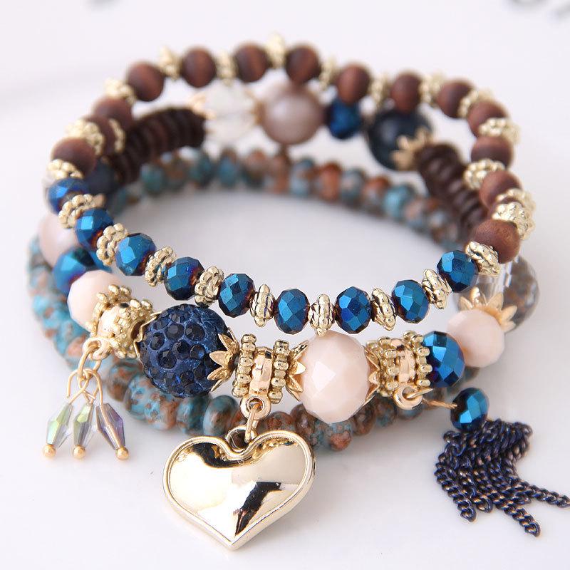 Bohemian Layered Beaded Bracelet Set with Love Pendant and Tassel королевский синий