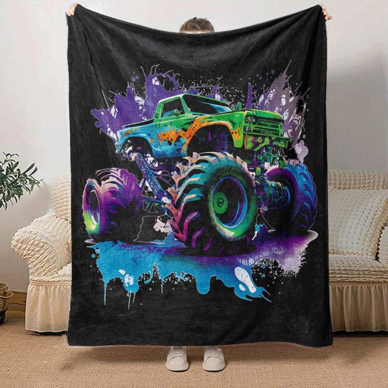 1pc Monster Truck Printing Lightweight Flannel Blanket, Comfortable and Warm Blanket,  Sofa Bed and Couch Office, Suitable for Gift Blankets