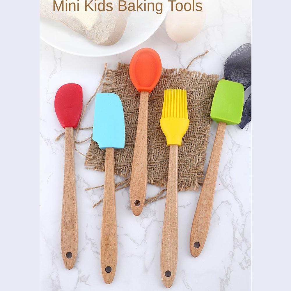 5 ks Silikonové malé stěrky Sada Mini stěrka Dřevěná rukojeť Tepelně odolná Lžíce Škrabka Lžíce Pečení Kuchyňské náčiní