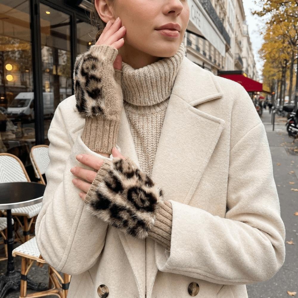 Soft Plush Fingerless Gloves Warm Leopard Print Gloves Vintage Half-Finger Gloves Women