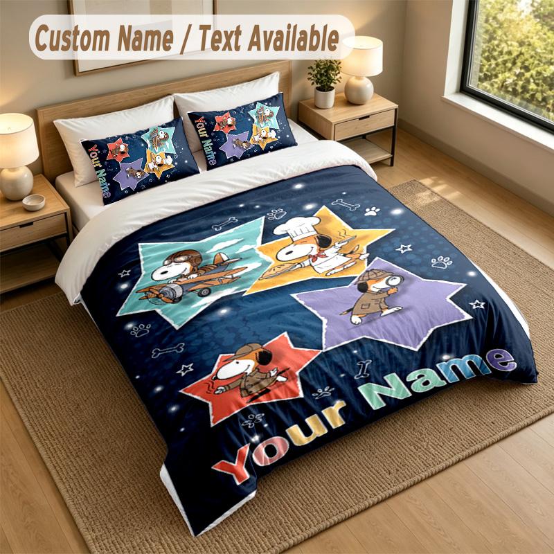3Pcs Bedding Set Custom Name Text, 1 Sheet 2 Pillowcases Home Bed DecorSnoopy Peanuts
