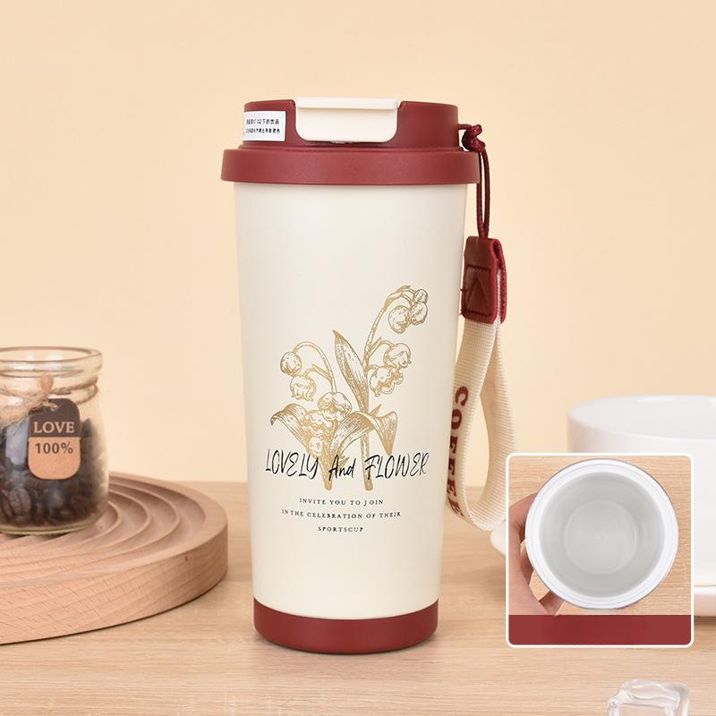 Nová módní nerezová termoska s vysokým vzhledem, dvojitý nápojový šálek na kávu Convallaria s lanem