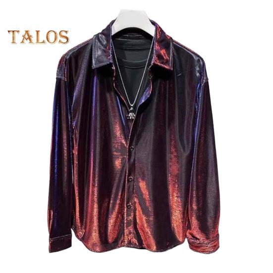 Men Shirt Turn-down Collar Loose Glossy Surface Single-breasted Loose Long Sleeve Top Club Party Casual Formal Wear Shirt