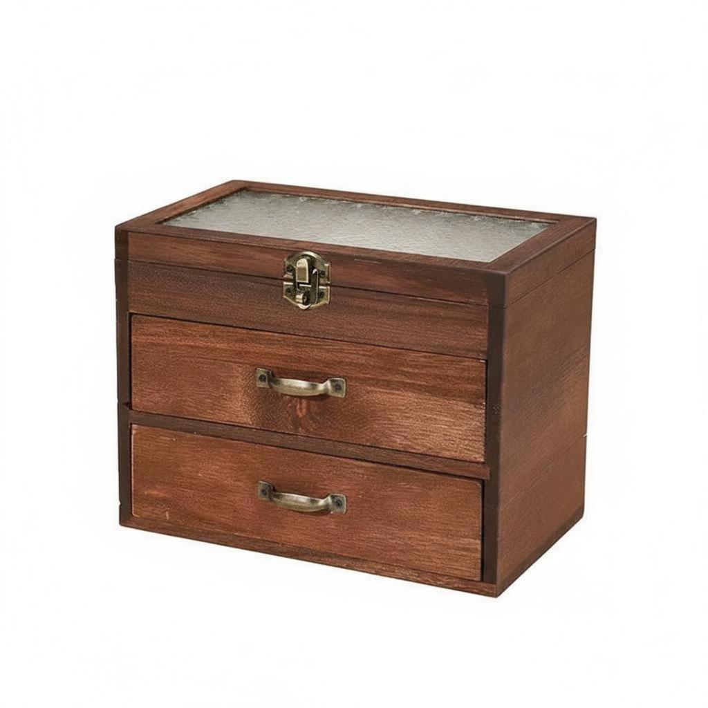 Jewelry Box with Drawers Embossed Floral Pattern Glass Upper Classic Keepsake