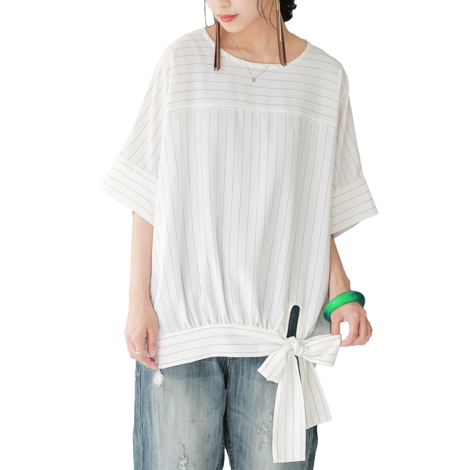 

Oshare Walker Stripe Short Crew Upper Arm Loose tkn0045 n OrLABEL [Ribbon Blouse] Shirt/Blouse, Spring/Summer, Women s Top, Sleeves, 3/4 Sleeves,