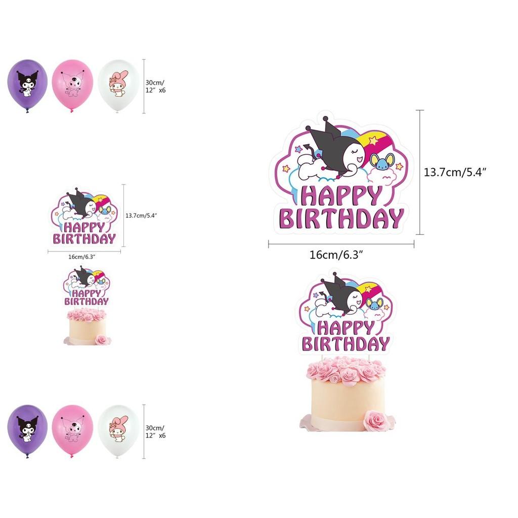 Kuromi Themed Birthday Party Decor Supplies Set With Flag Cake Spiral Balloon And Bright Colorful Toppers
