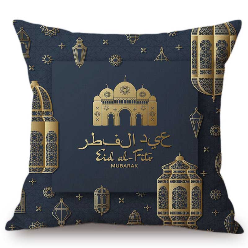 Muslim Arabic Eid Al Adha Mubark Decorative Pillow Case Black Marble Blue Brown Islamic Lantern Ornamental Design Cushion Cover