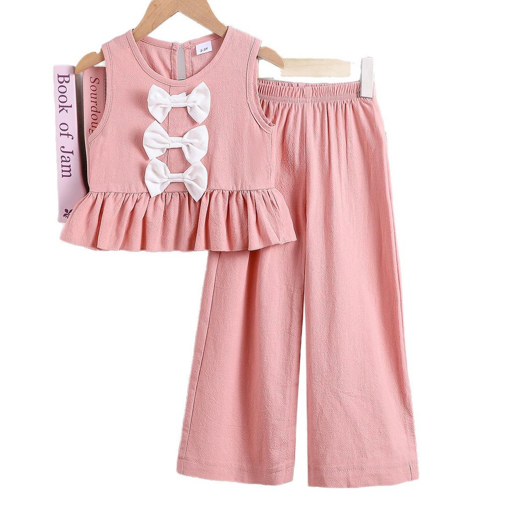 Sommer Kinder Süße Schleife Ärmelloses Top und Hose Zweiteiliges Mode-Set für Mädchen