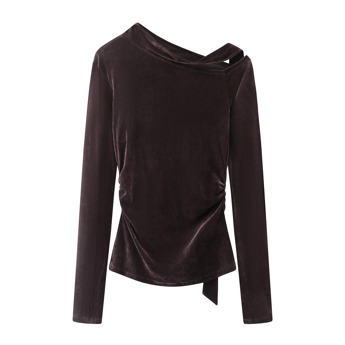 Spring 2026 Women s Slim Fit Ruched Bow T-Shirt Small коричневый