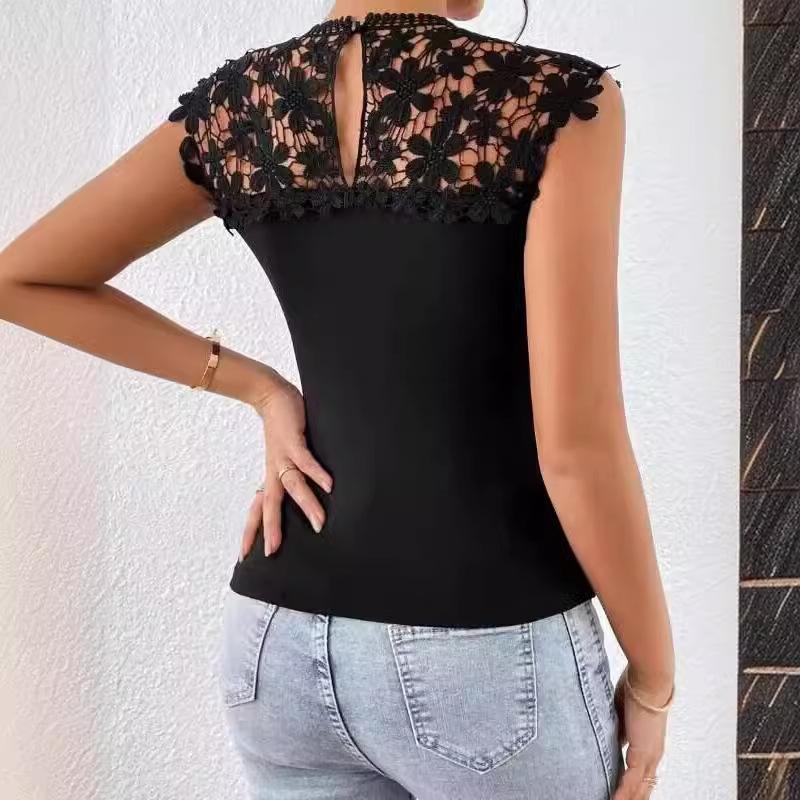 Summer Sleeveless Black Lace Blouse Women O Neck Hollow Out Slim Fit Elegant Shirt Female Lace Splicing T-shirt Casual Fashion Tops 541