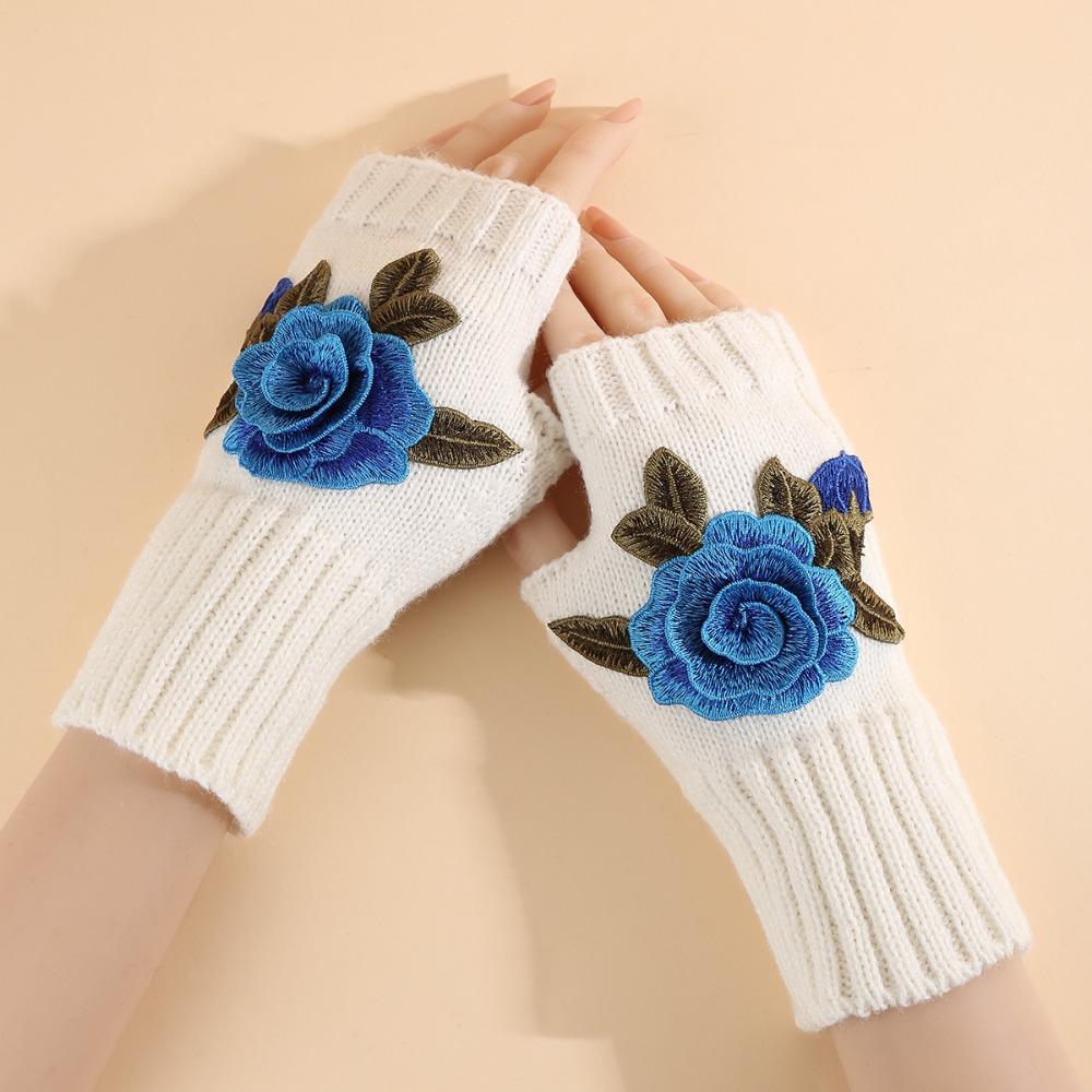 Vintage Embroidery Knitted Gloves Floral Fingerless Gloves Cute Crochet Flower Mittens Outdoor