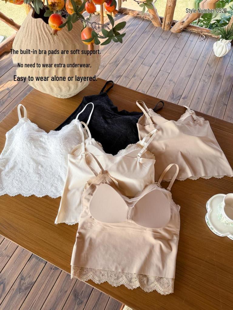 French Lace Ice Silk Camisole with Chest Pads - Elegant Back, Slimming Fit, Spring/Summer Style