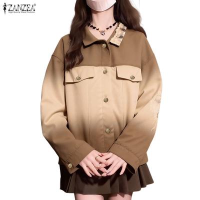Women Casual Turn Down Collar Loose Long Sleeve Blouse