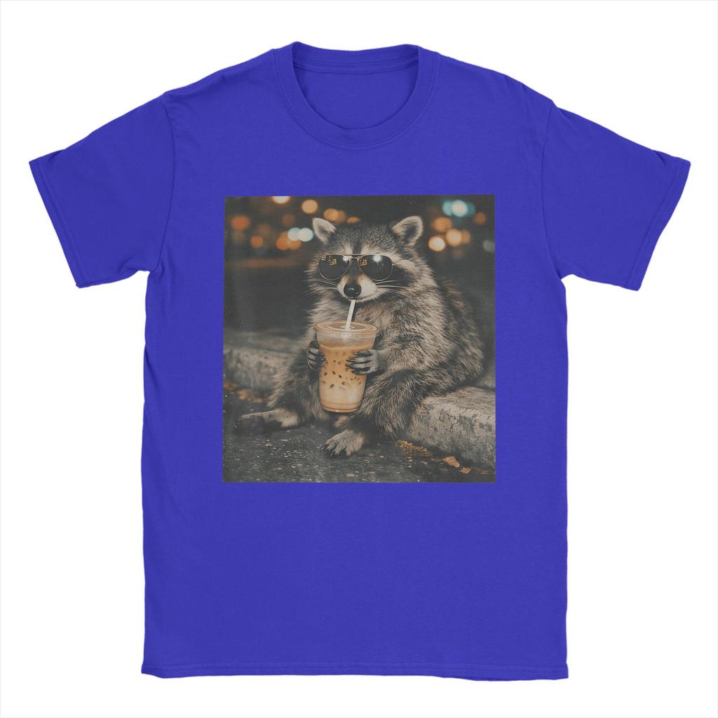 Raccoon Drinking Iced Coffee Funny Animal Meme Cotton TShirt For Mens Beach TShirts ONeck Tee Shirt Oversized Cheap Tops