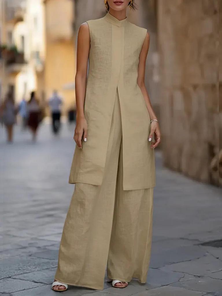 Chic Sleeveless Vest & Wide-Leg Pants Cotton Linen Set