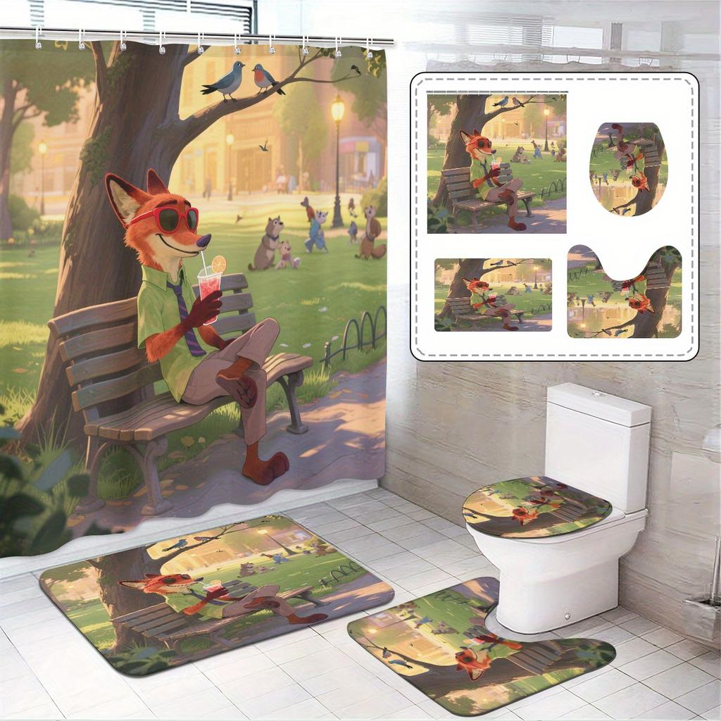 4pcs Official Disney Zootopia Bathroom Collection: Waterproof Shower Curtain with All Characters, 4-Piece Set