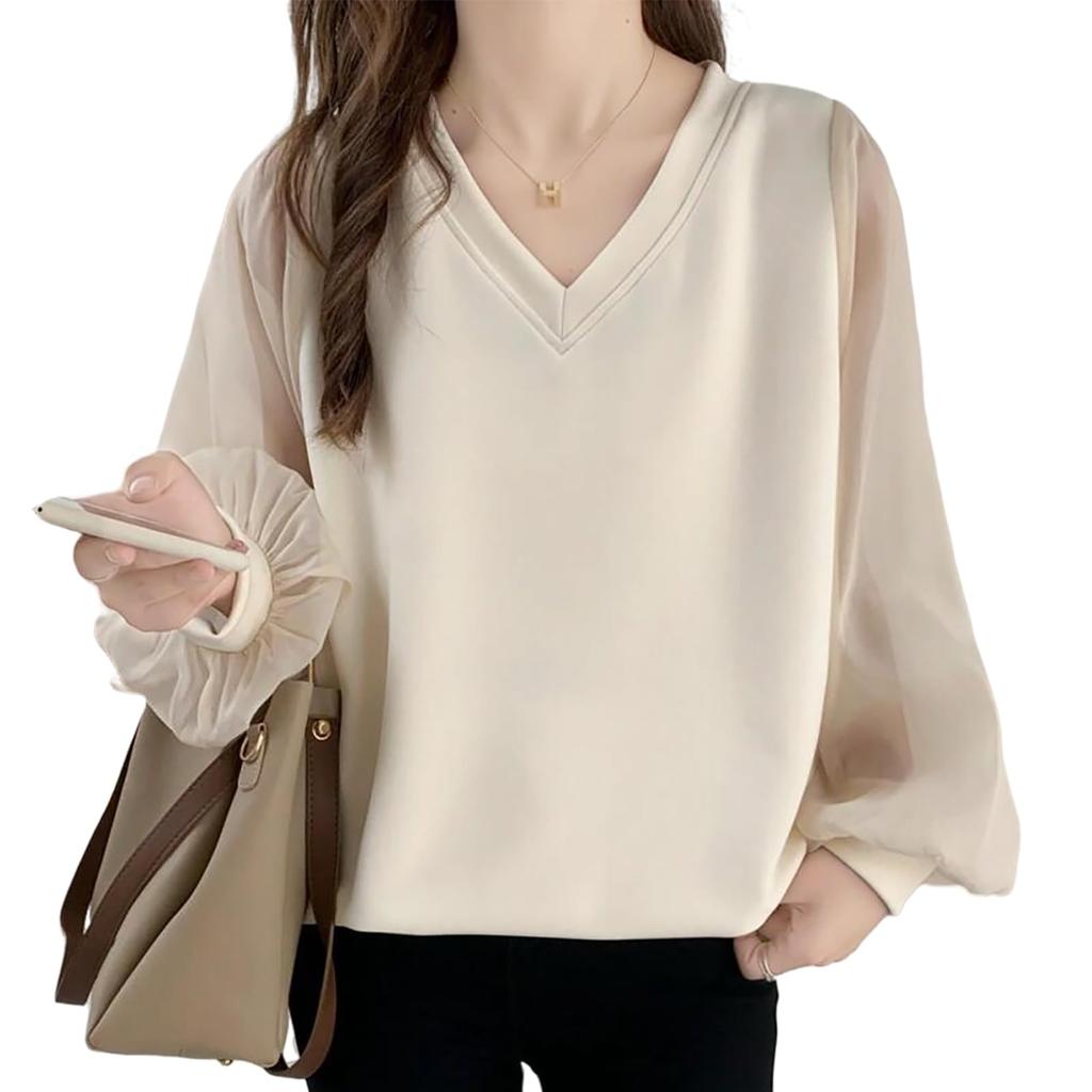 KumiModa Chiffon Long Sleeve Sheer Chiffon Party Women's Blouse, Top, V-Neck, Top, Business, Professional, Unique, Elegant, Casual, Outings, Stylish,