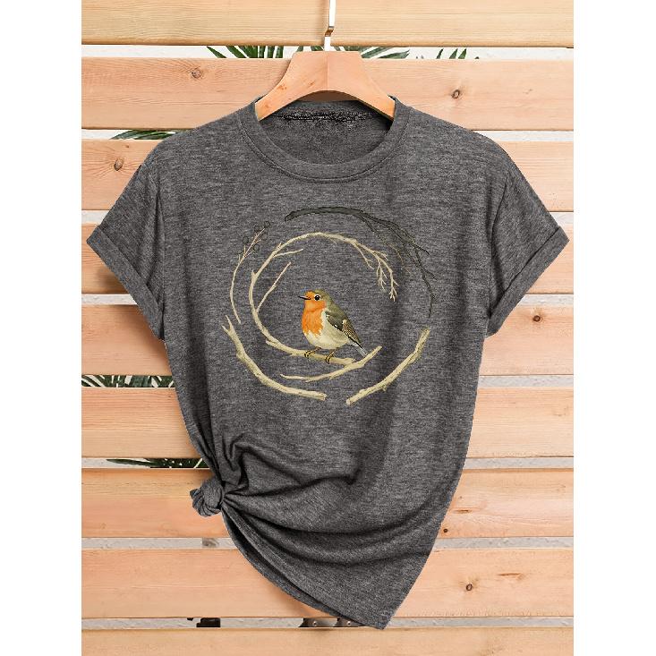 Wren standing in a circular branch pattern print, fashionable and elegant women's spring, summer, autumn casual sports style top, soft and