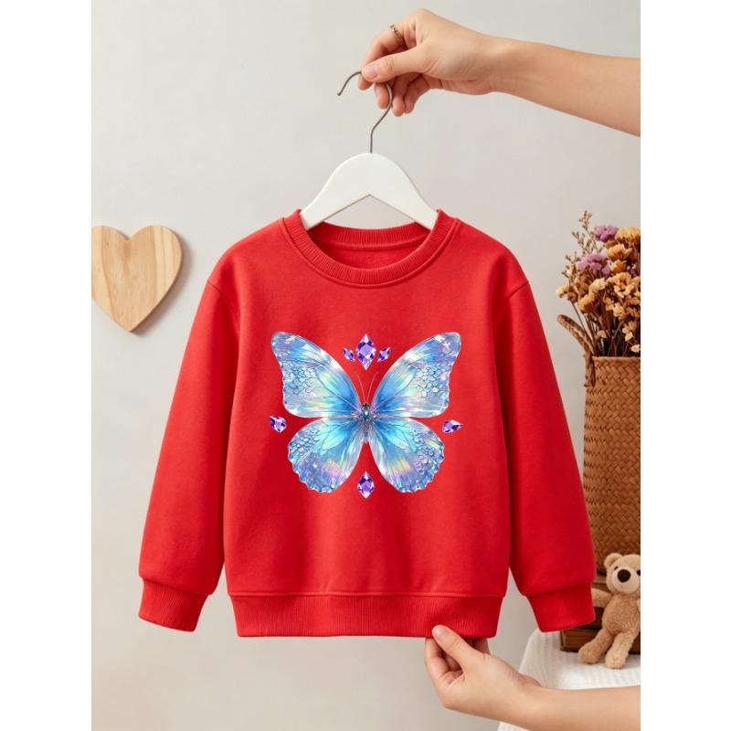 Kids Girls Crewneck Sweatshirt, Shimmer Iridescent Blue Butterfly With Purple Crystal Gem Print Black Soft Fleece Pullover