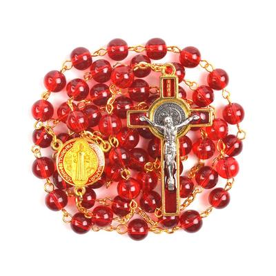Catholicism Red Glass Beads Necklace with Gift Box St Benedict Centerpiece Cross Rosary Necklace